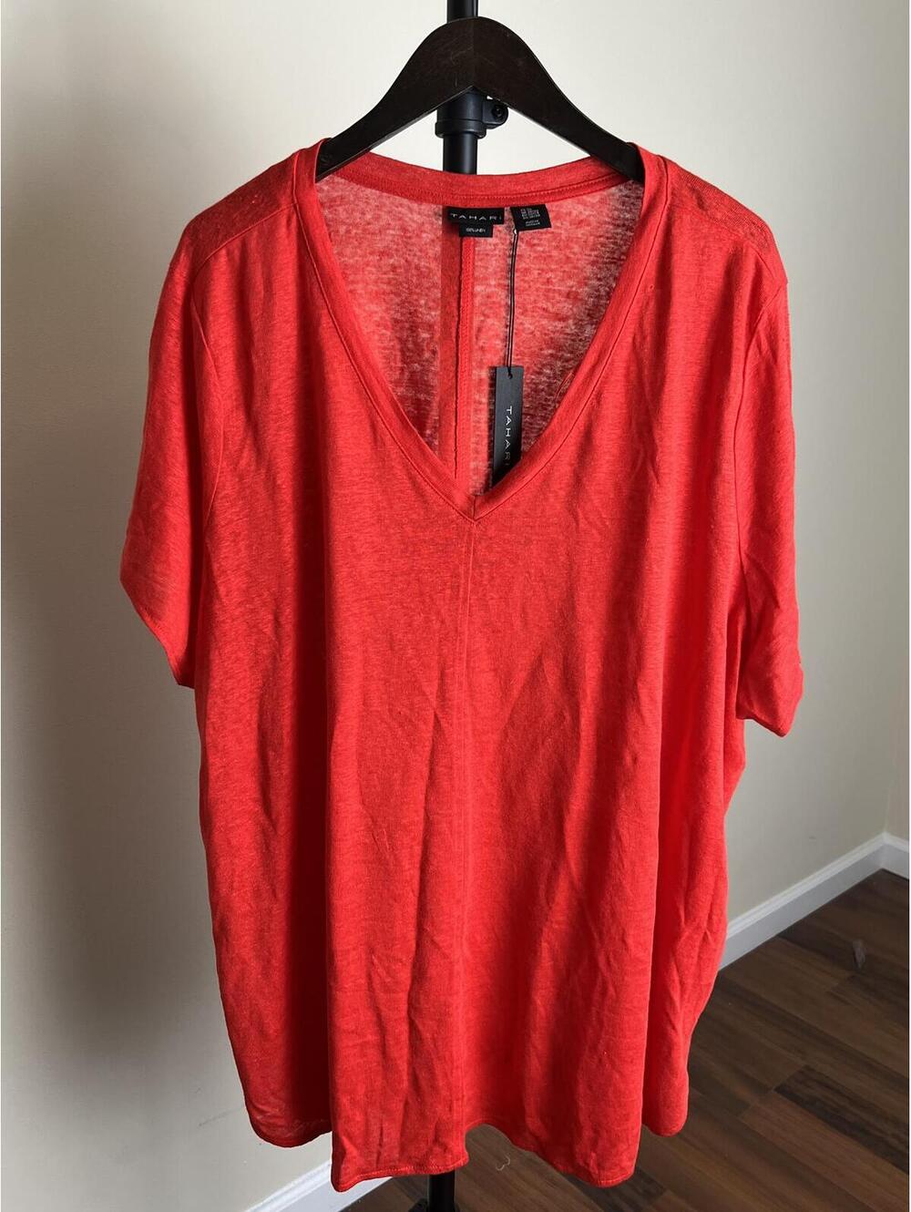 Tahari 100% Linen Red-Orange V Neck Top 3X Plus NWT Lightweight Summer Blouse